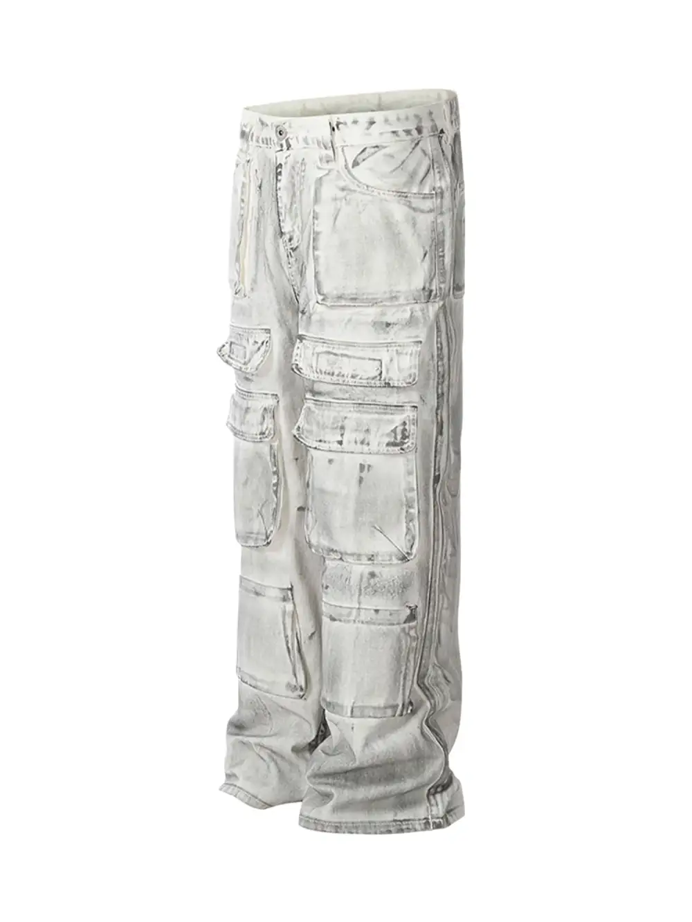 Loose-fitting Multi-pocket Smudged Design Work Jeans - 2120