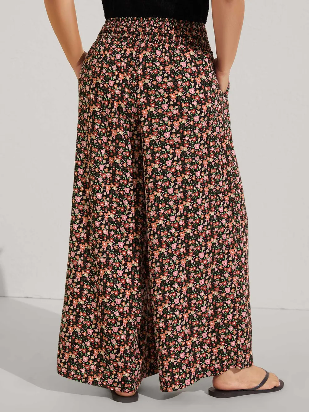 Shirred Waist Ditsy Floral Wide-Leg Pants