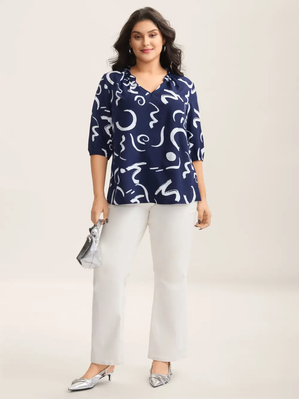 Scribble Print Ruffled Split Neck Blouse