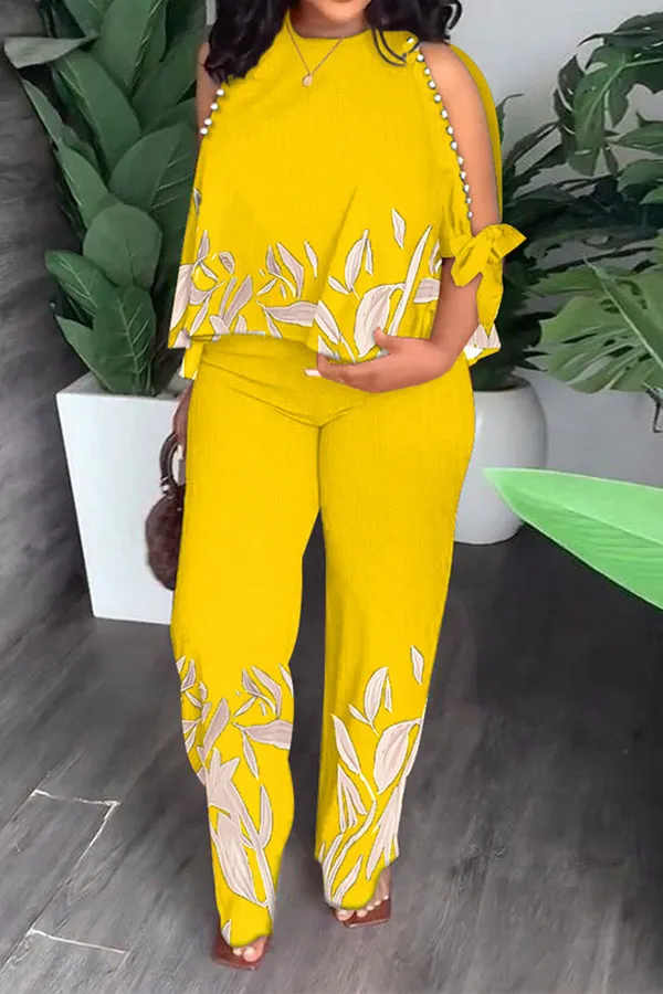 Leaf Print Elegant Beaded Decor Pant Suit