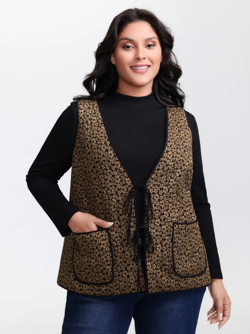 Floral Print Three Ties Quilted Vest