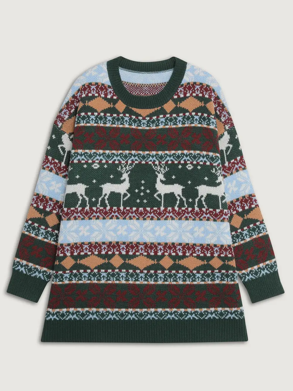 Elk Christmas Print Jacquard Ribbed Hem Pullover