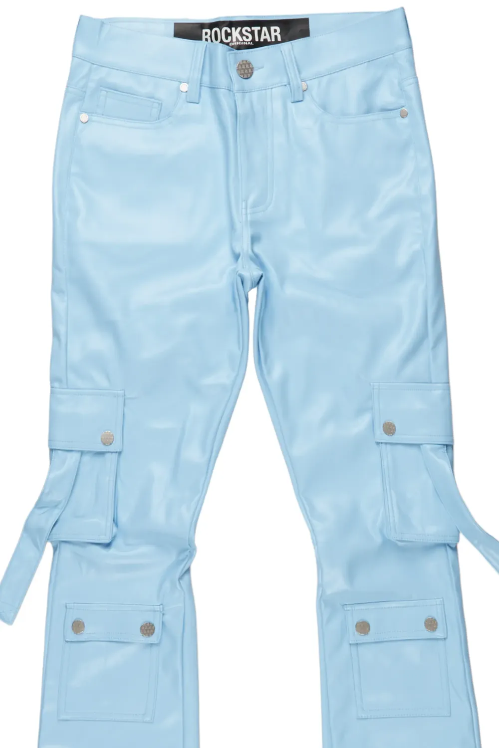 Errol Baby Blue Faux Leather Stacked Cargo Jean