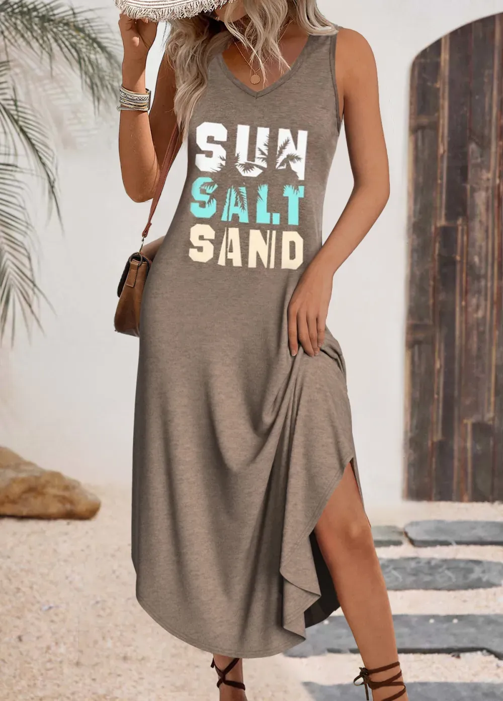 Gray Brown Letter Print Maxi A Line Sleeveless Dress