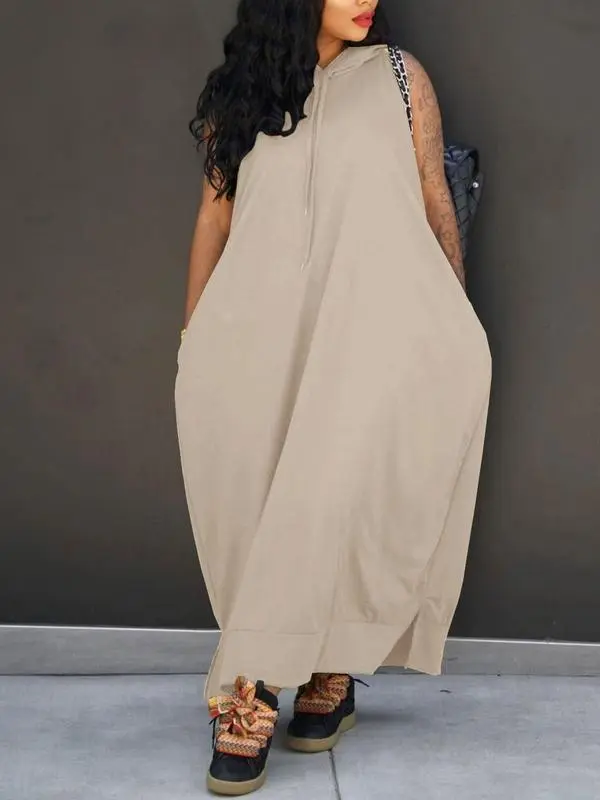 Women's Hooded Tank Maxi Dress – Sleeveless, Drawstring Waist, Pockets, Casual Summer Style