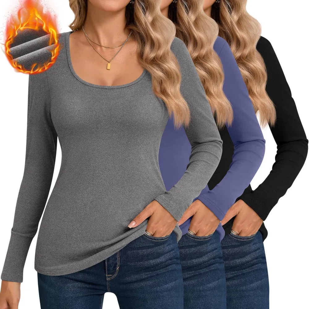 3 Pack Women's Thermal Long Sleeve Shirts Fleece Lined Scoop Neck Stretch Fitted Tops Winter Base Layer Underwear