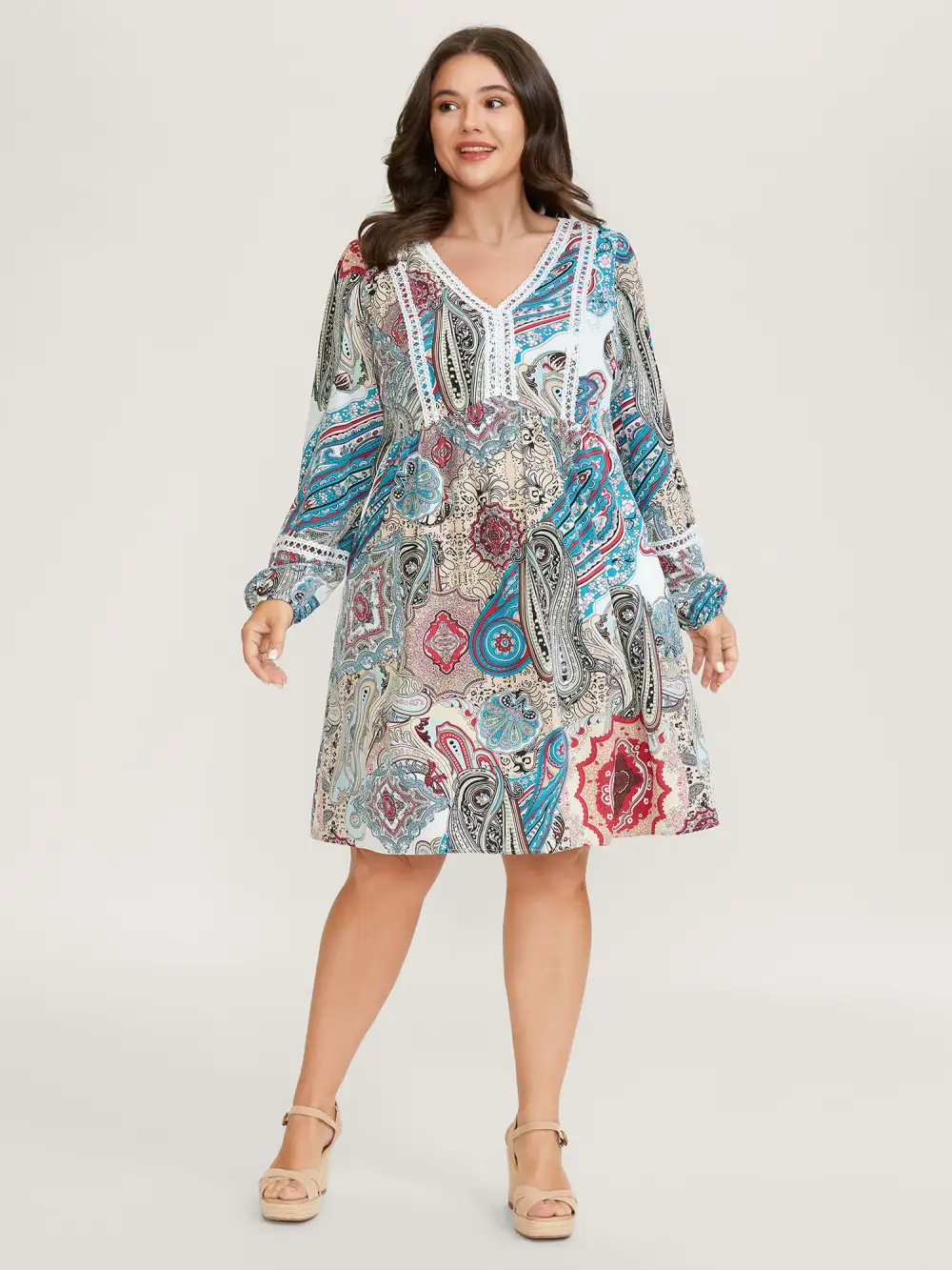 Paisley Print Lace Trim Midi Dress