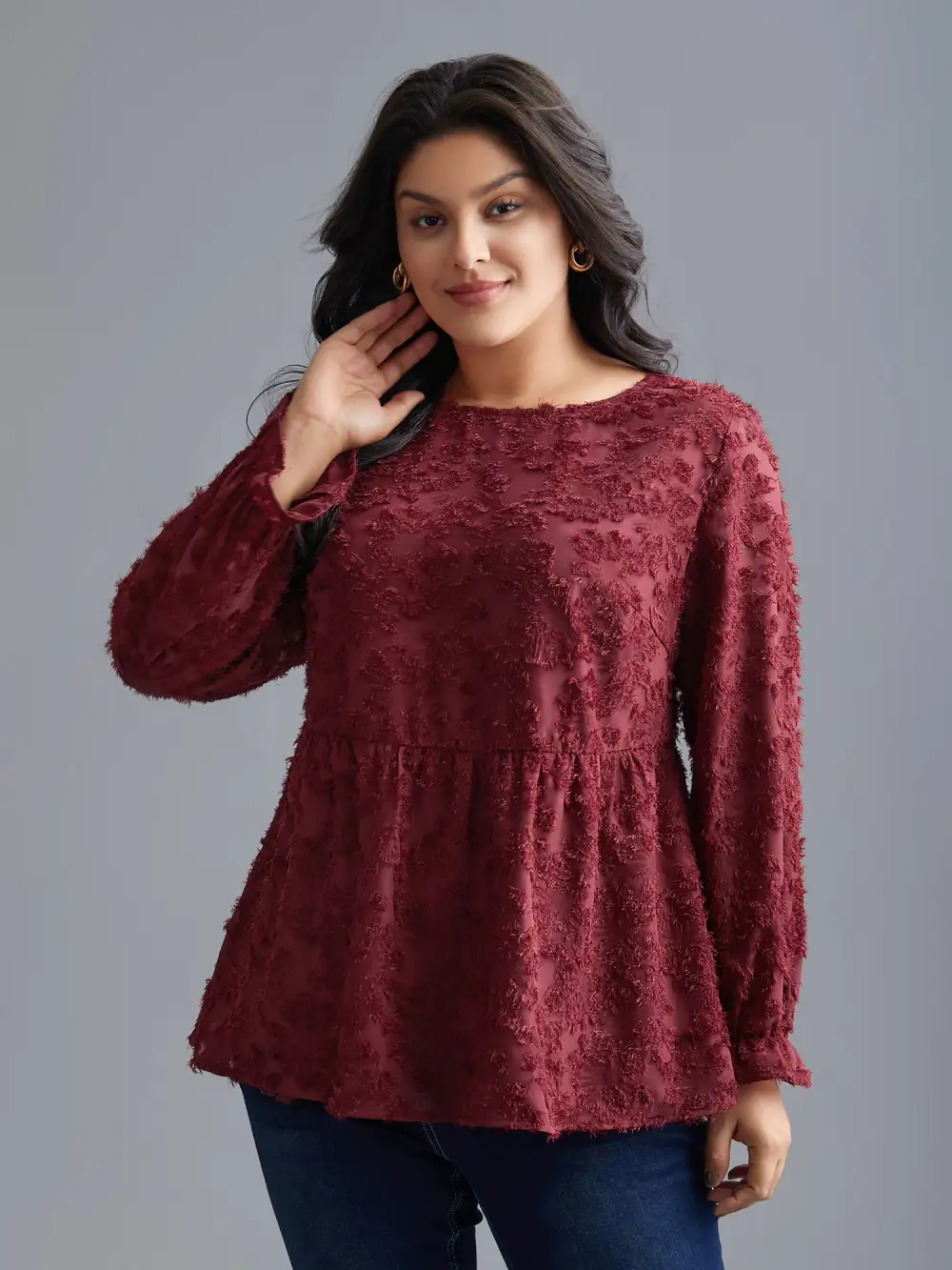 Round Neck Jacquard Plisse Ruched Blouse