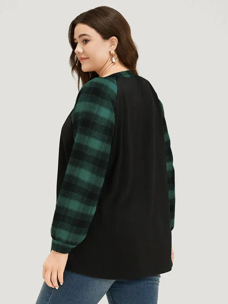 Plaid Patchwork Notched Button Detail Sweatshirt