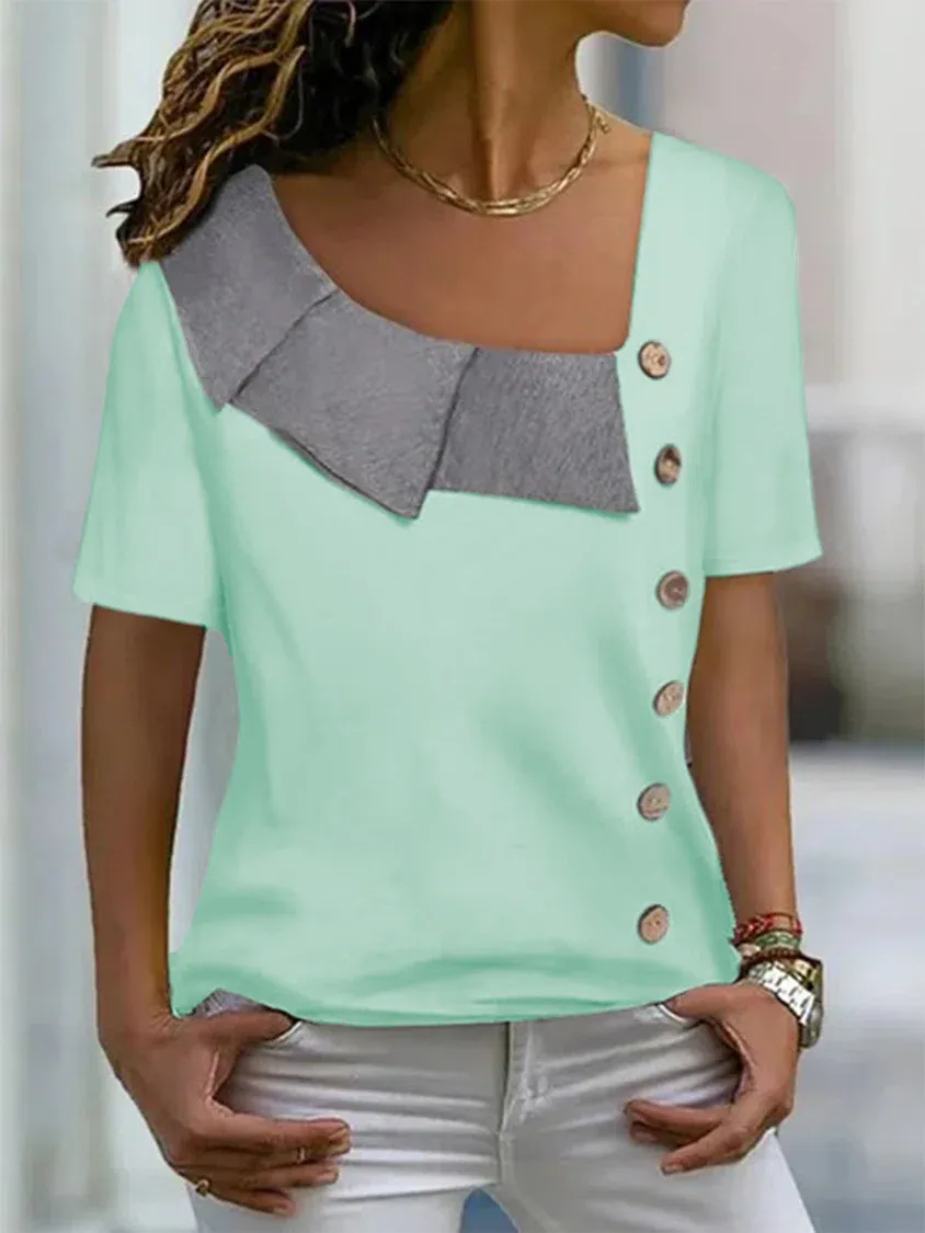Casual Asymmetrical Neck Loosen Jersey Short Sleeve T-Shirt