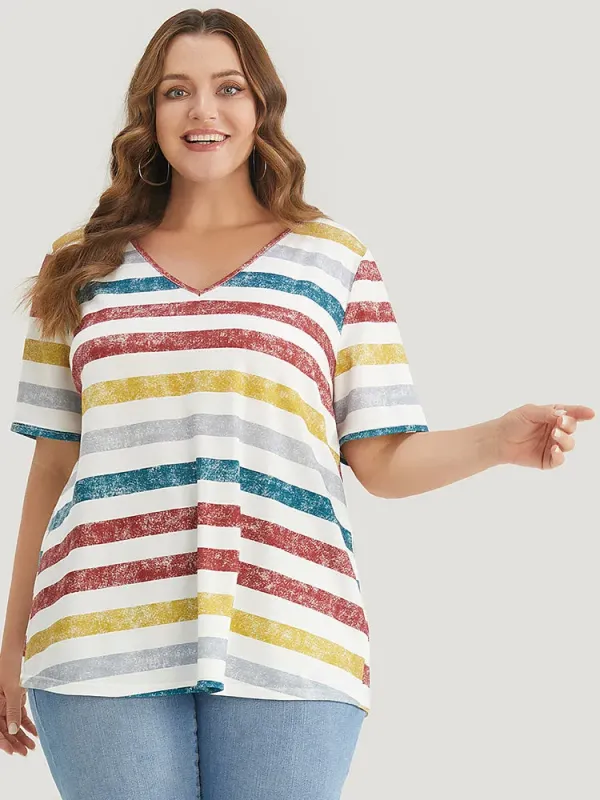 Striped Contrast V Neck T-shirt