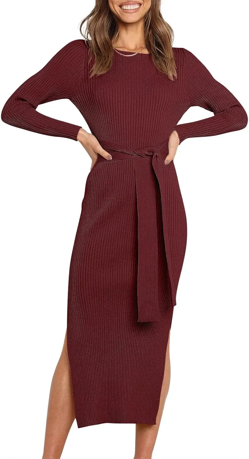 Long Sleeve Sweater Dress Crew Neck Slim Fit Slit Tie Waist 2024 Ribbed Knit Bodycon Midi Dress Fall Outfits