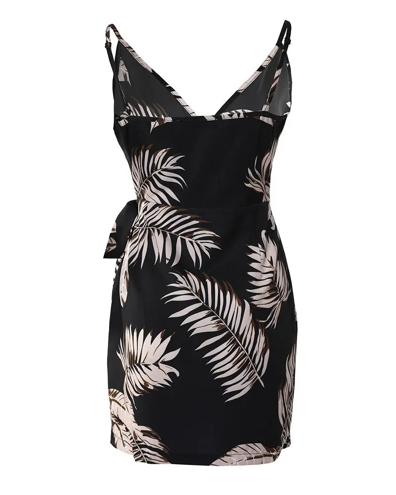 V Neck Leaf Print Mini Dress
