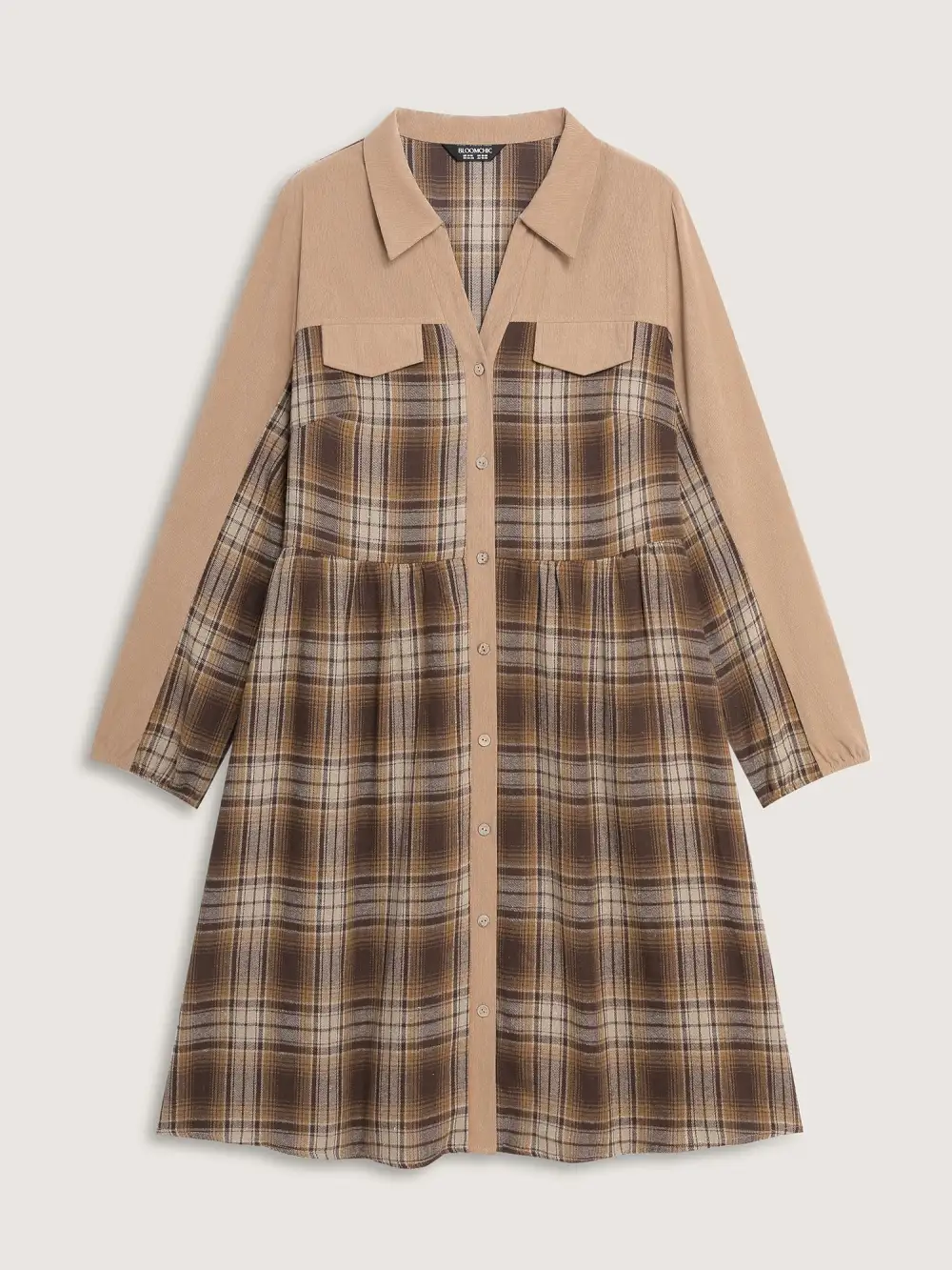 Corduroy Plaid Pattern Contrast Midi Dress