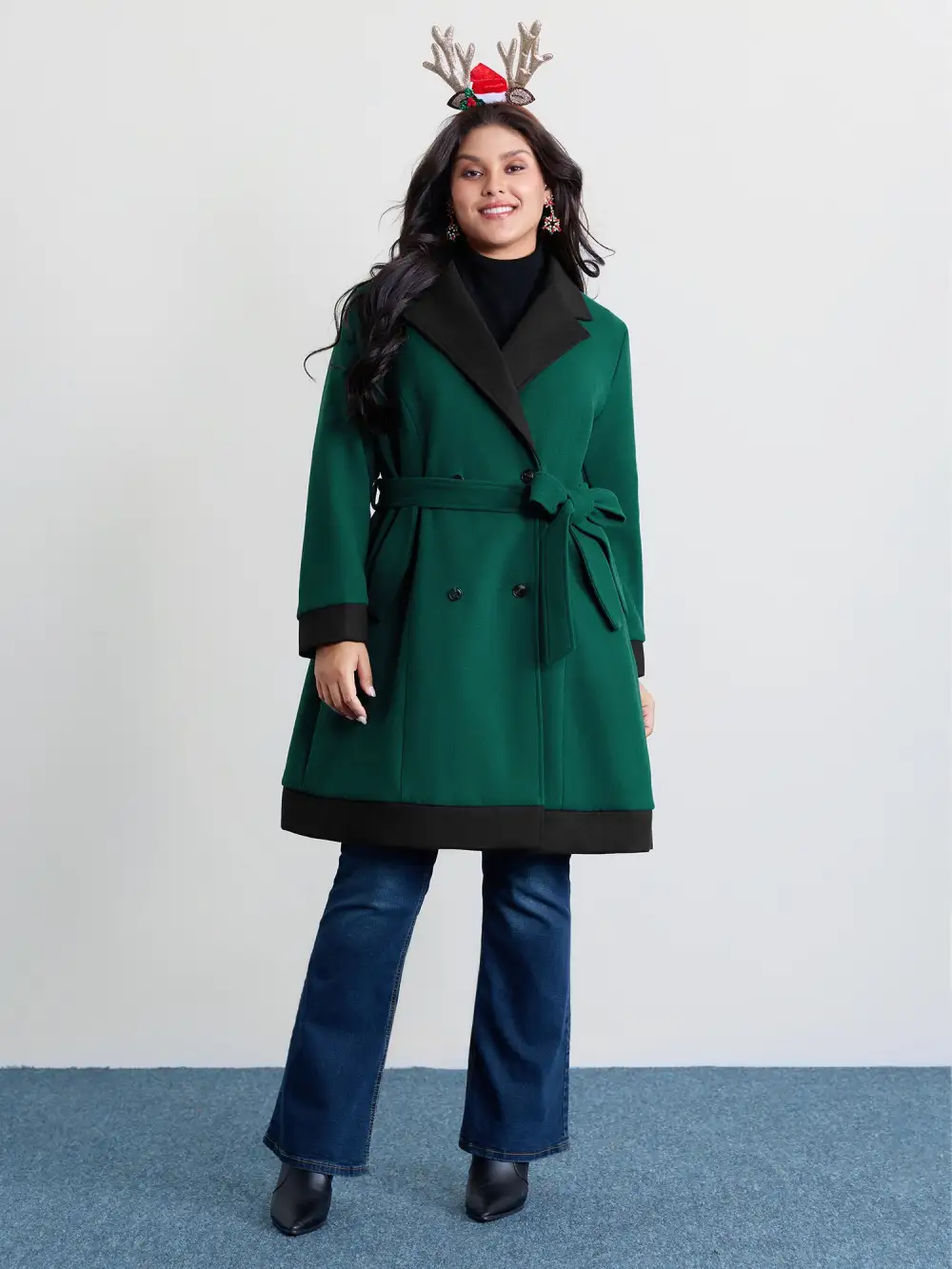 Color Contrast Belted Lined Coat