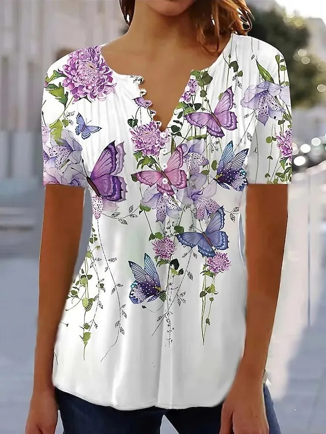 Women's T shirt Tee Henley Shirt Floral Butterfly Button Print Holiday Weekend Tunic Basic Short Sleeve Round Neck White