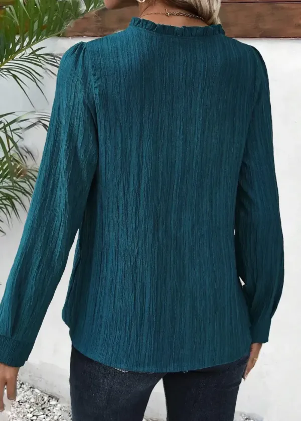 Peacock Blue Frill Long Sleeve Split Neck Blouse