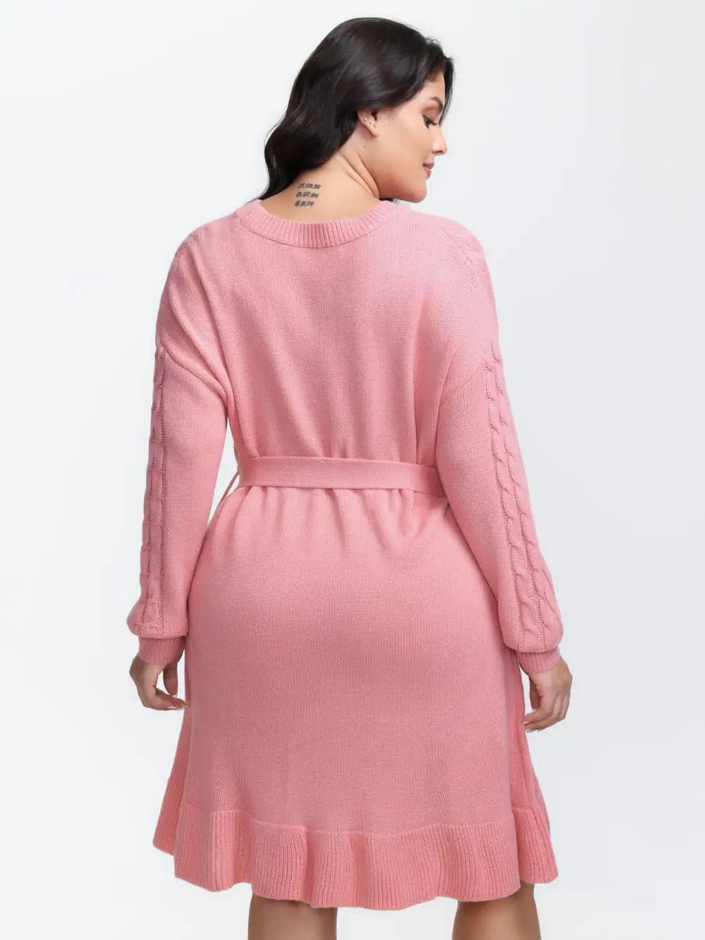 Textured Ruffled Hem Belted Knit Midi Dress