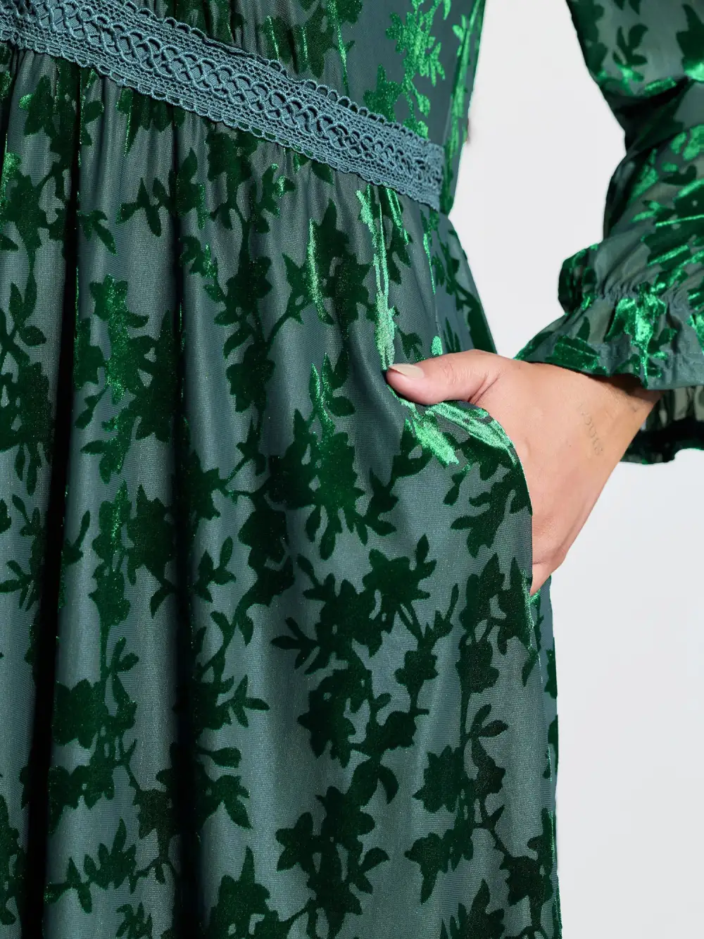 Velvet Floral Print Lace Pockets Party Dress