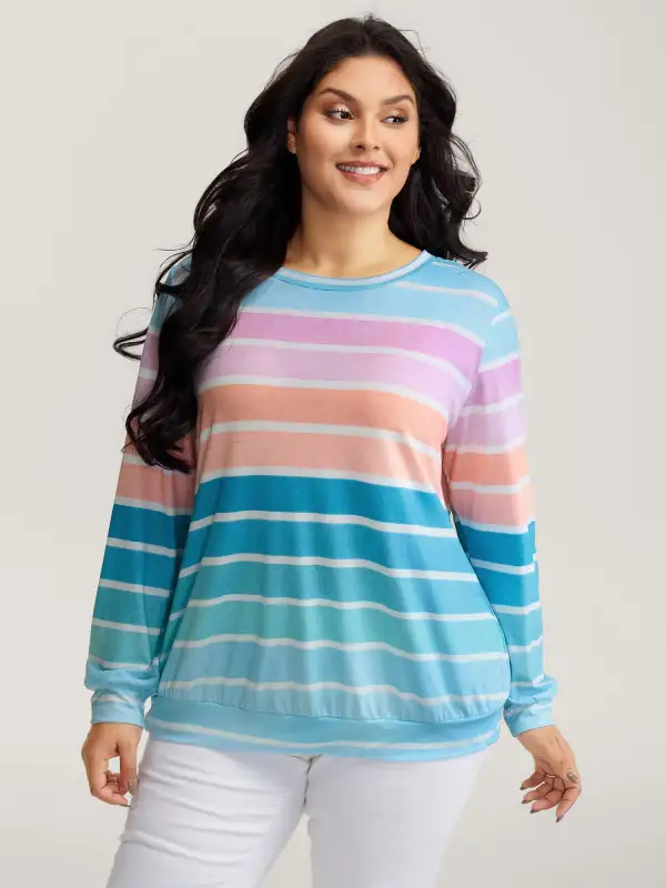 Colorful Stripe Relaxed-Fit Stretchy Hem T-Shirt