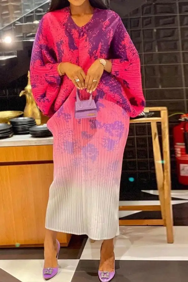 Abstract Print Stylish Batwing Sleeve Midi Dress