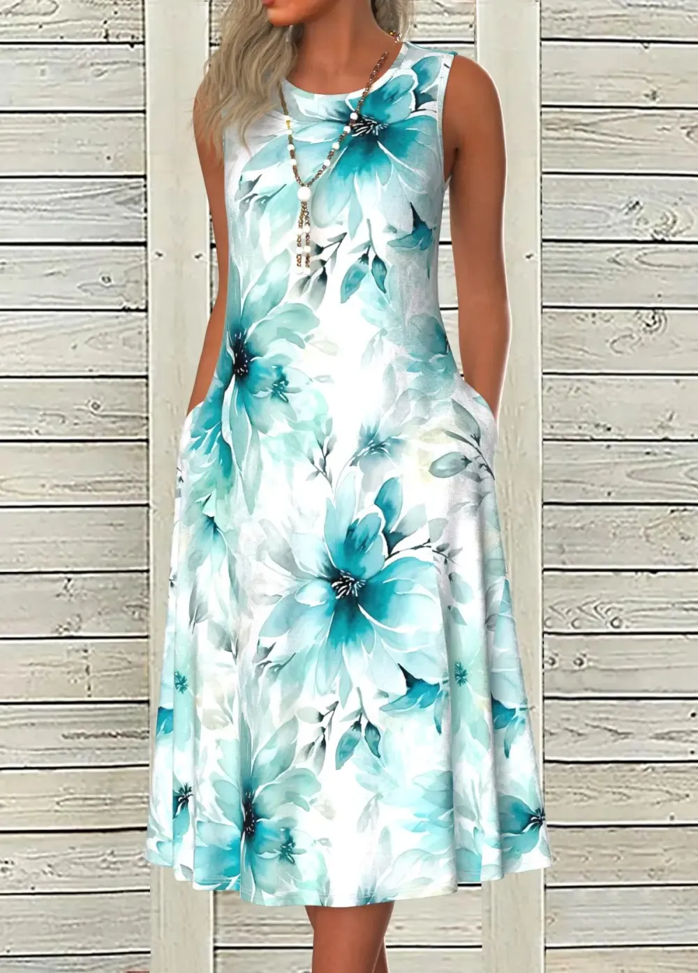 Blue Pocket Floral Print A Line Sleeveless Dress