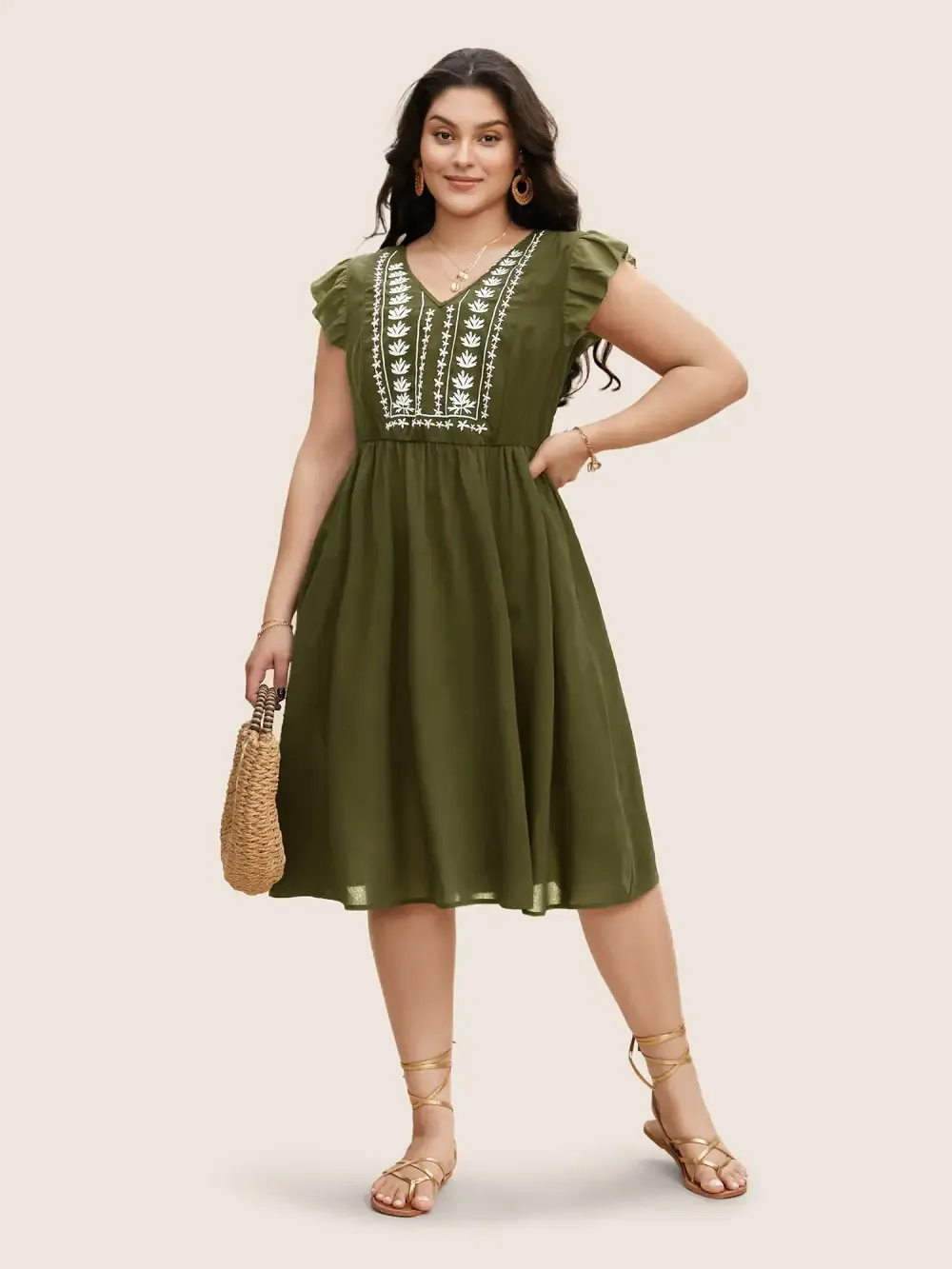 Floral Embroidered V Neck Ruffle Cap Sleeve Dress