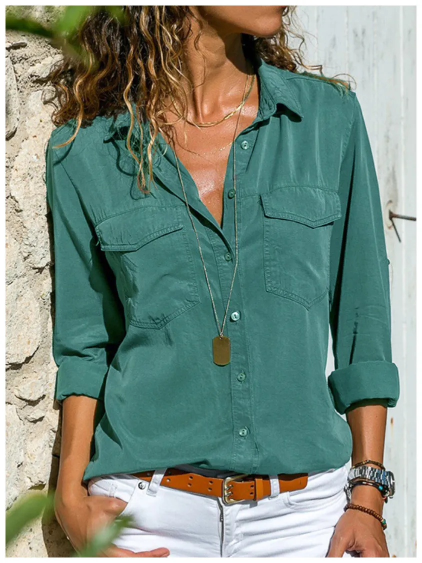 Plain Buttoned Pockets Casual Long Sleeve Shirt