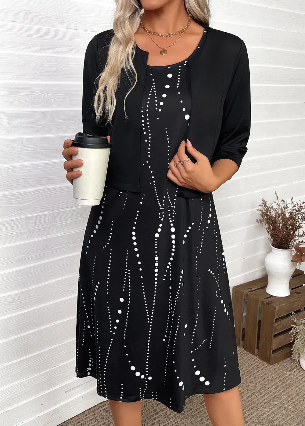 Black Tummy Coverage Polka Dot Dress and Cardigan