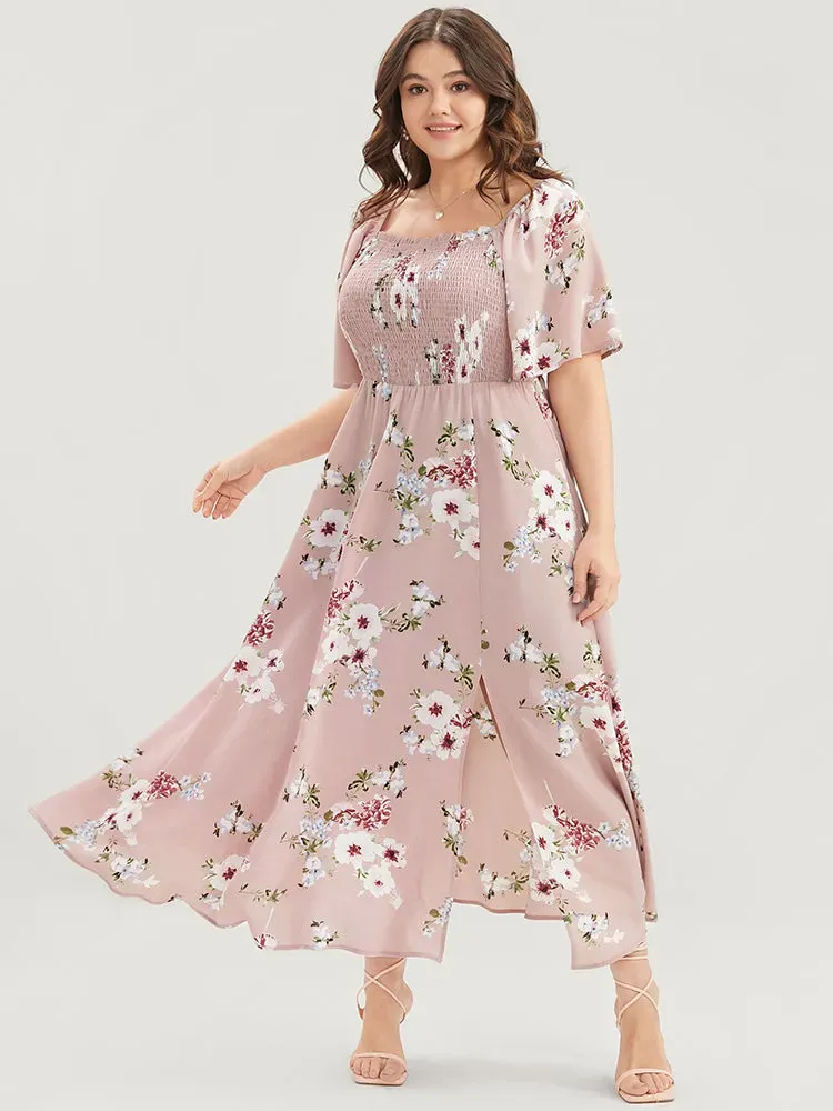 Floral Square Neck Ruffles Pocket Shirred Split Dress