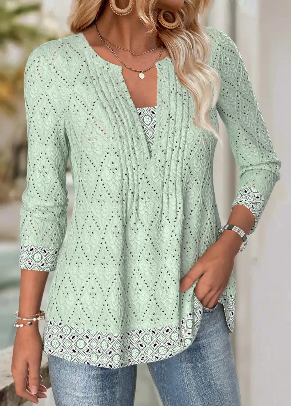 Sage Green Fake 2in1 Tribal Print T Shirt