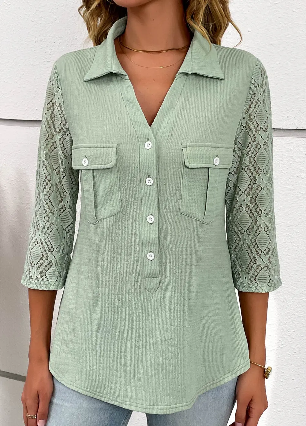Sage Green Patchwork Three Quarter Length Sleeve Blouse