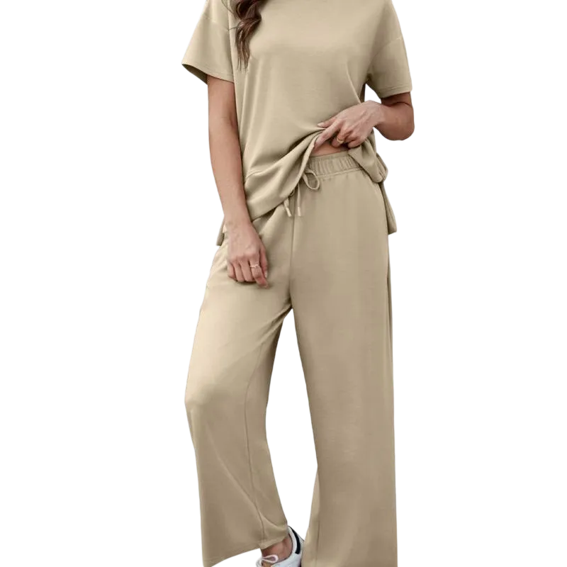 2 Piece Tracksuit for Womenswear Soft Short Sleeve Outdoor Wide Adjustable Leg Pockets Pants Lounge Matching Travel