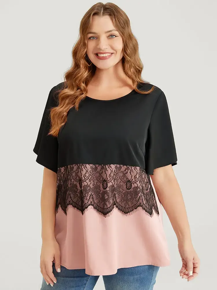 Colorblock Contrast Lace Panel Ruffles Blouse