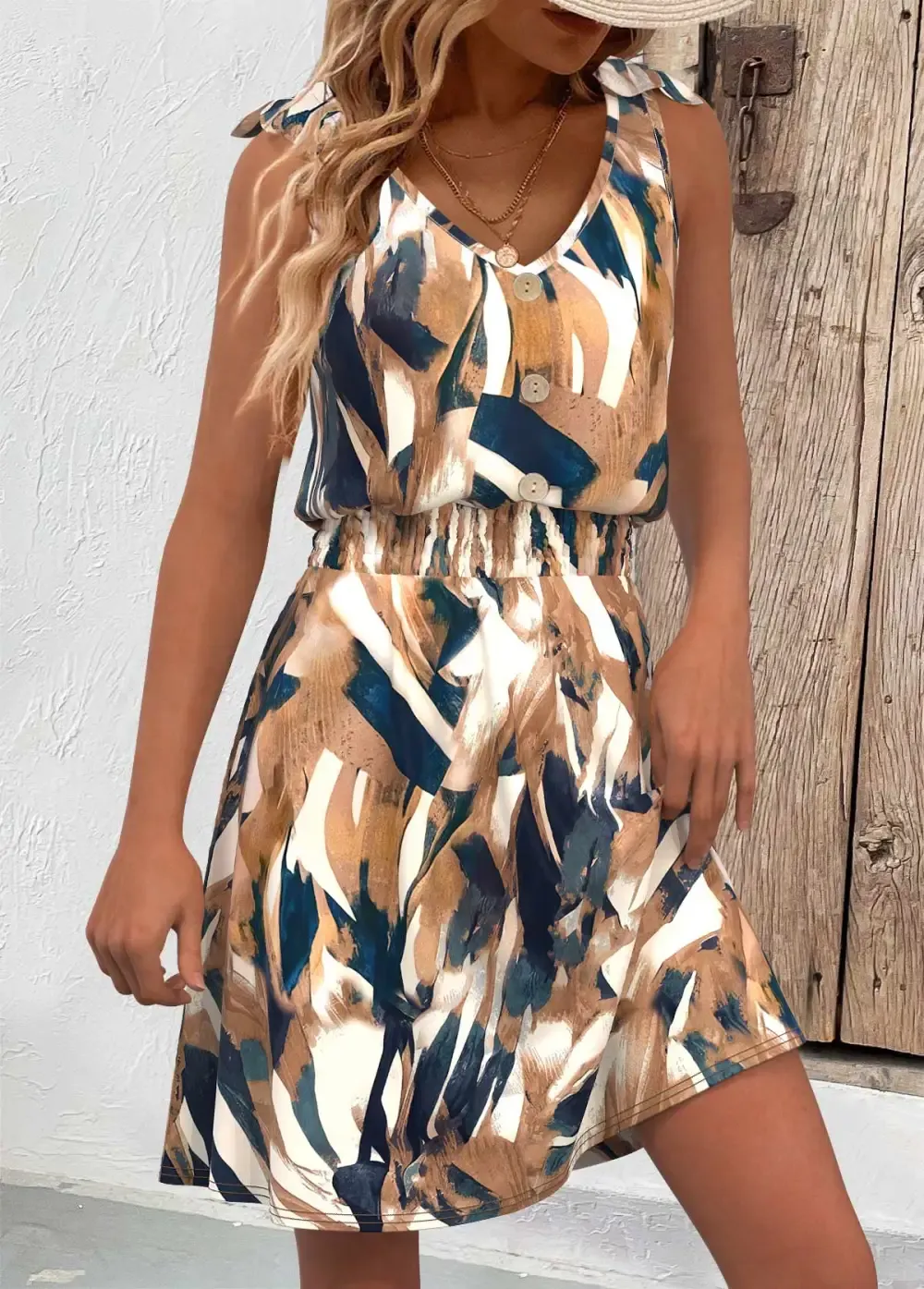 White Button Geometric Print Short Sleeveless V Neck Dress
