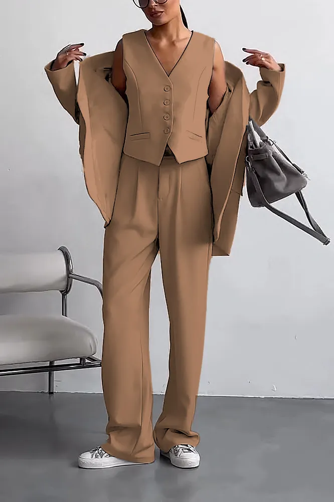 Women's Solid Color vest and suit jacket pants 3-piece set