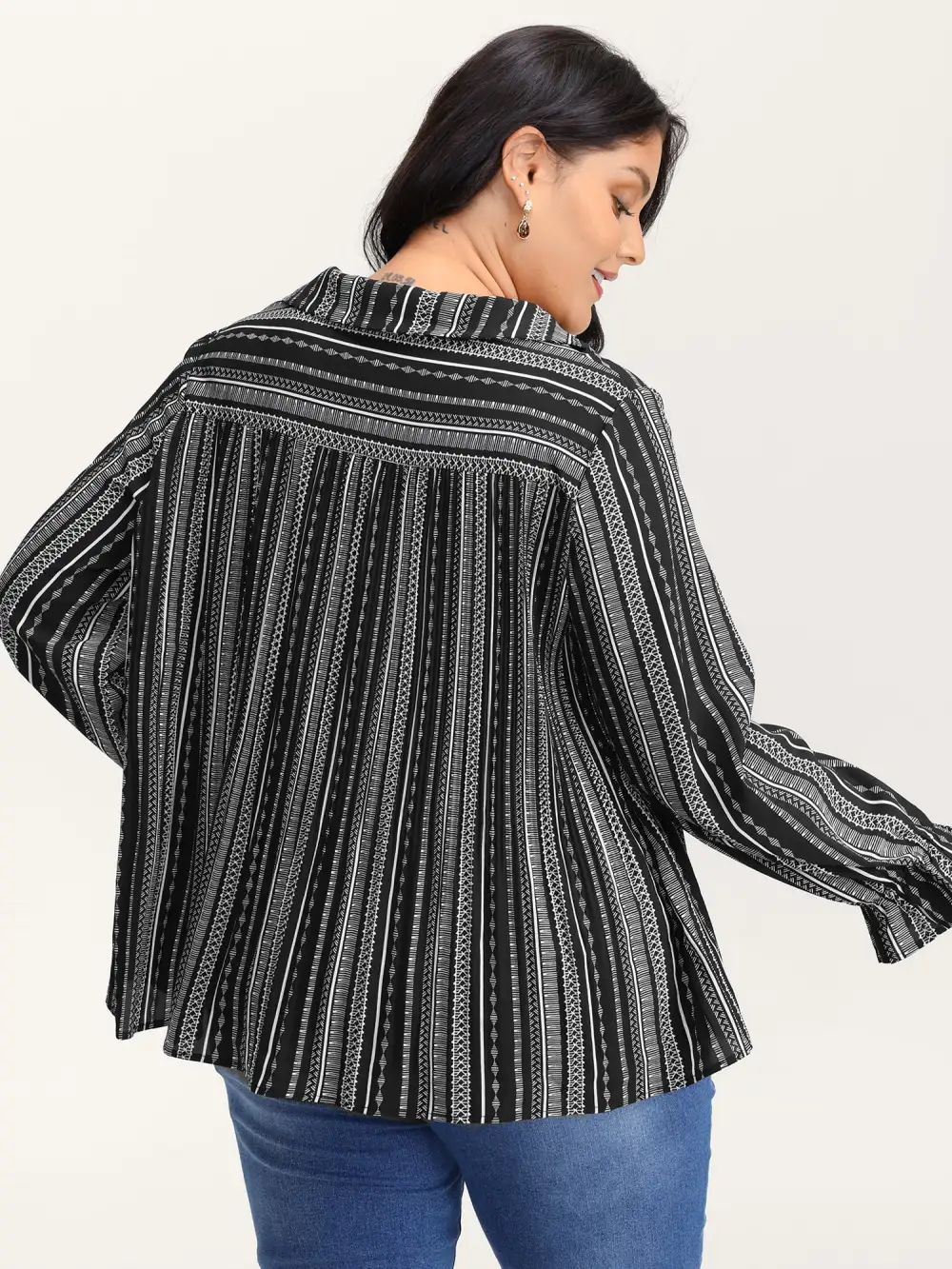 Stripe Print Semi Sheer Pleated Blouse