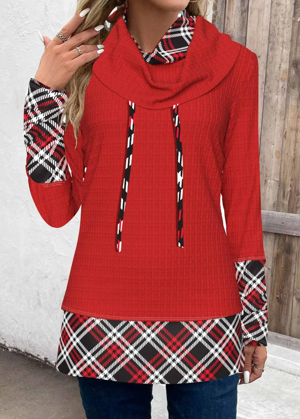 Red Patchwork Plaid Long Sleeve Cowl Neck Sweatshirt