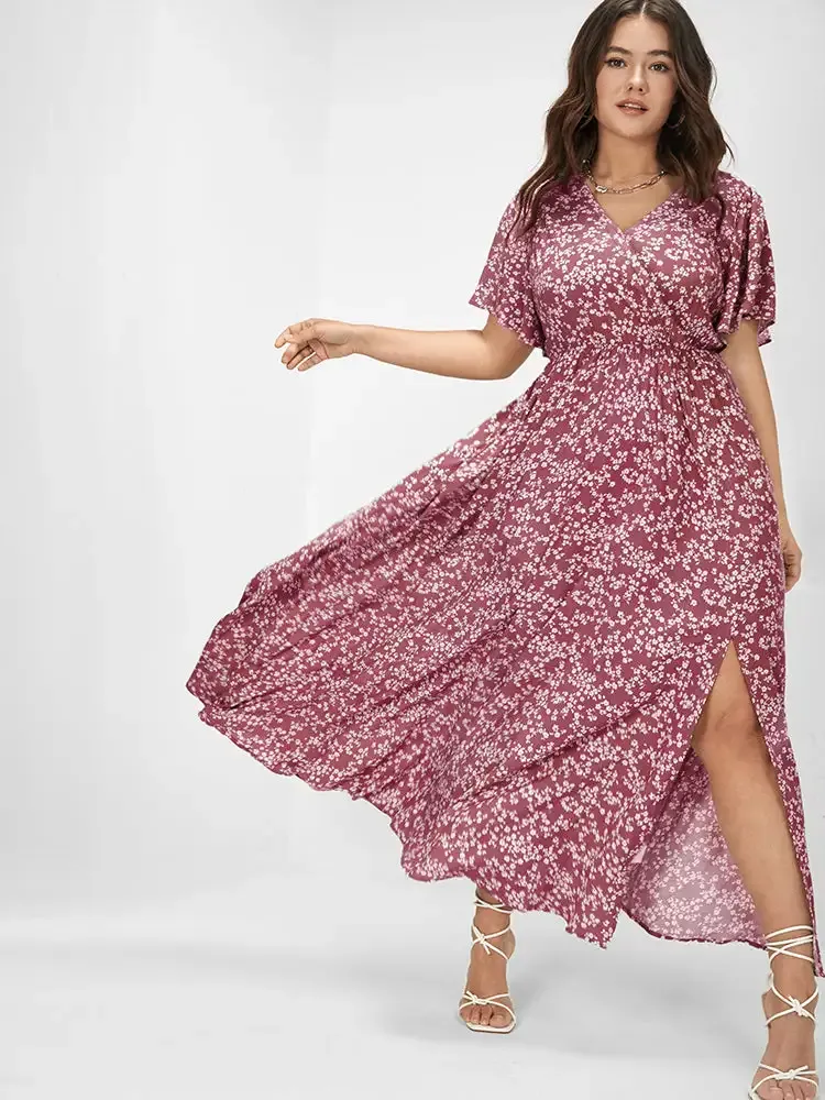 Bloom Dress - Flutter Sleeve Ditsy Floral Pocket Split Maxi Dress