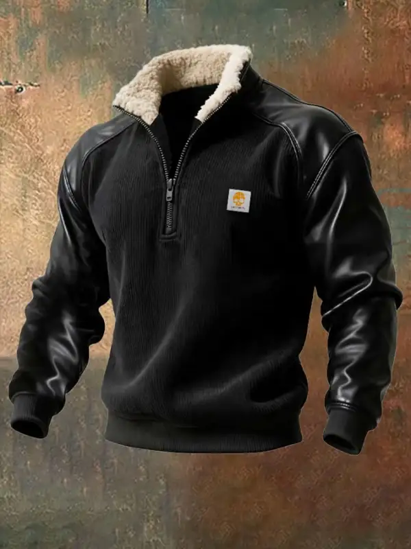 Men's Vintage Corduroy Leather Stitching Zipper Fur Collar Sweatshirt