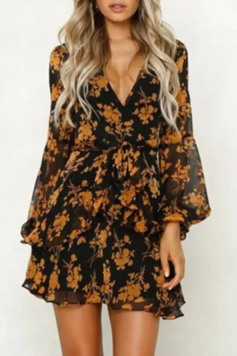 Fashion British Style Print Split Joint V Neck Princess Dresses