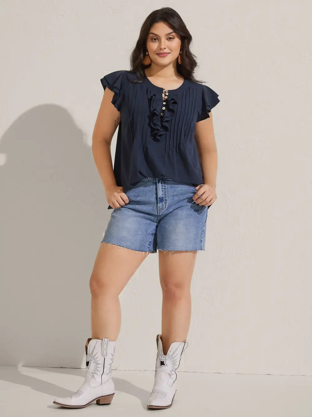 Solid Ruffle Trim Toothpick Pleat Blouse