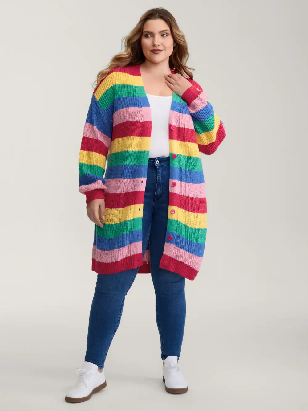 Colorblock Contrast Texture Button Cardigan