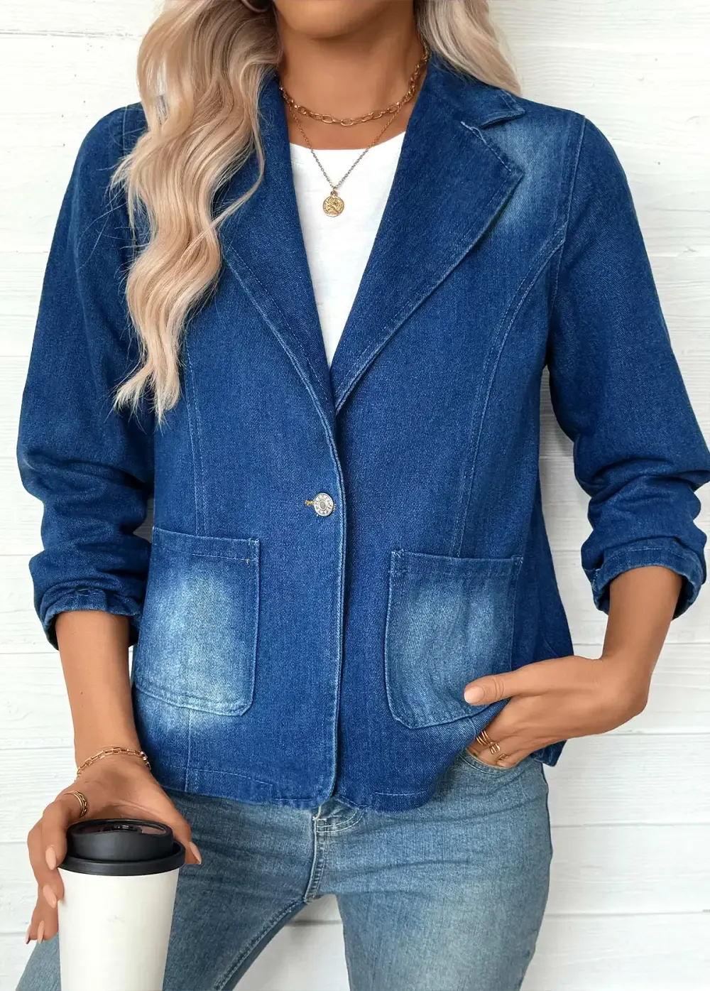 Denim Blue Tummy Coverage Long Sleeve Lapel Coat