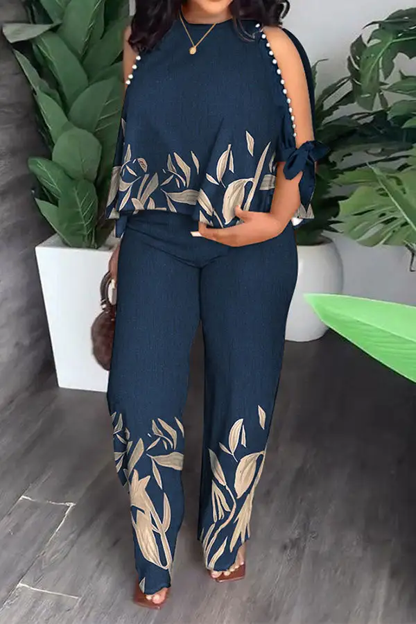Leaf Print Elegant Beaded Decor Pant Suit