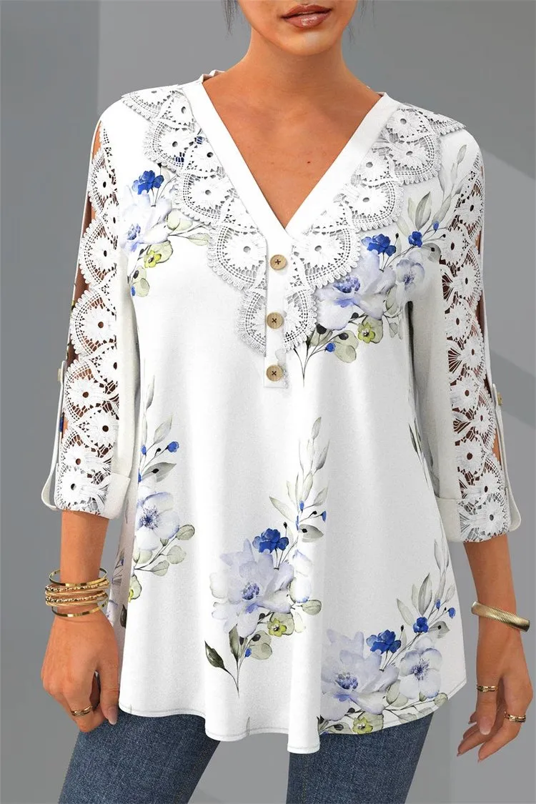 Plus Size Lace Patchwork V Neck Floral Print Blouse/Top