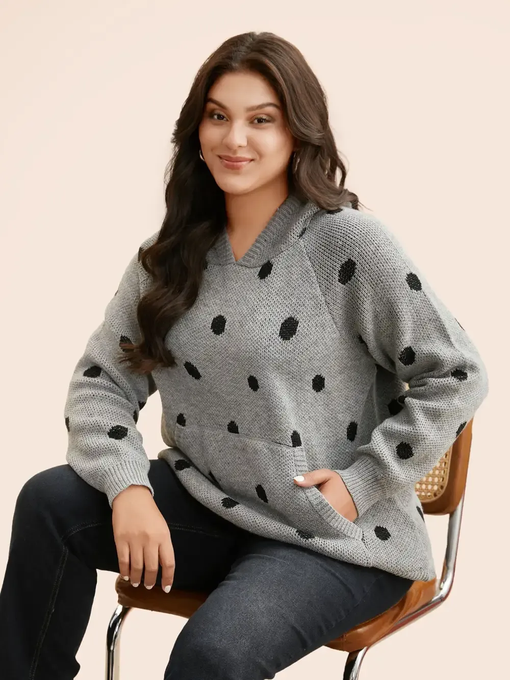 Polka Dot Hooded Patch Pocket Pullover