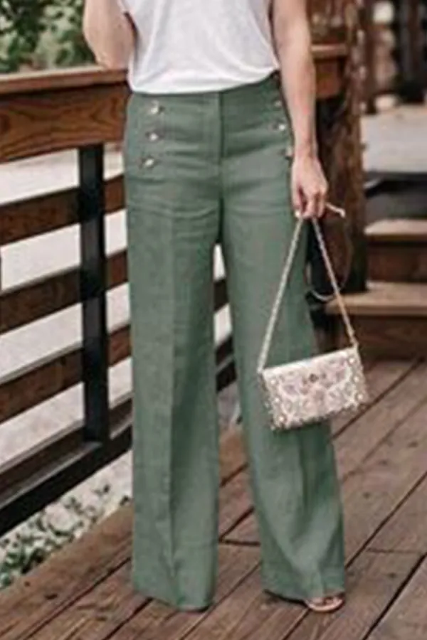 Casual Solid Buckle Straight High Waist Wide Leg Solid Color Bottoms(5 Colors)