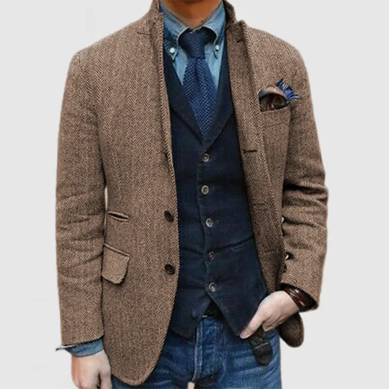 Men's Elegant Lapel Herringbone Wool Blazer ( NEW )