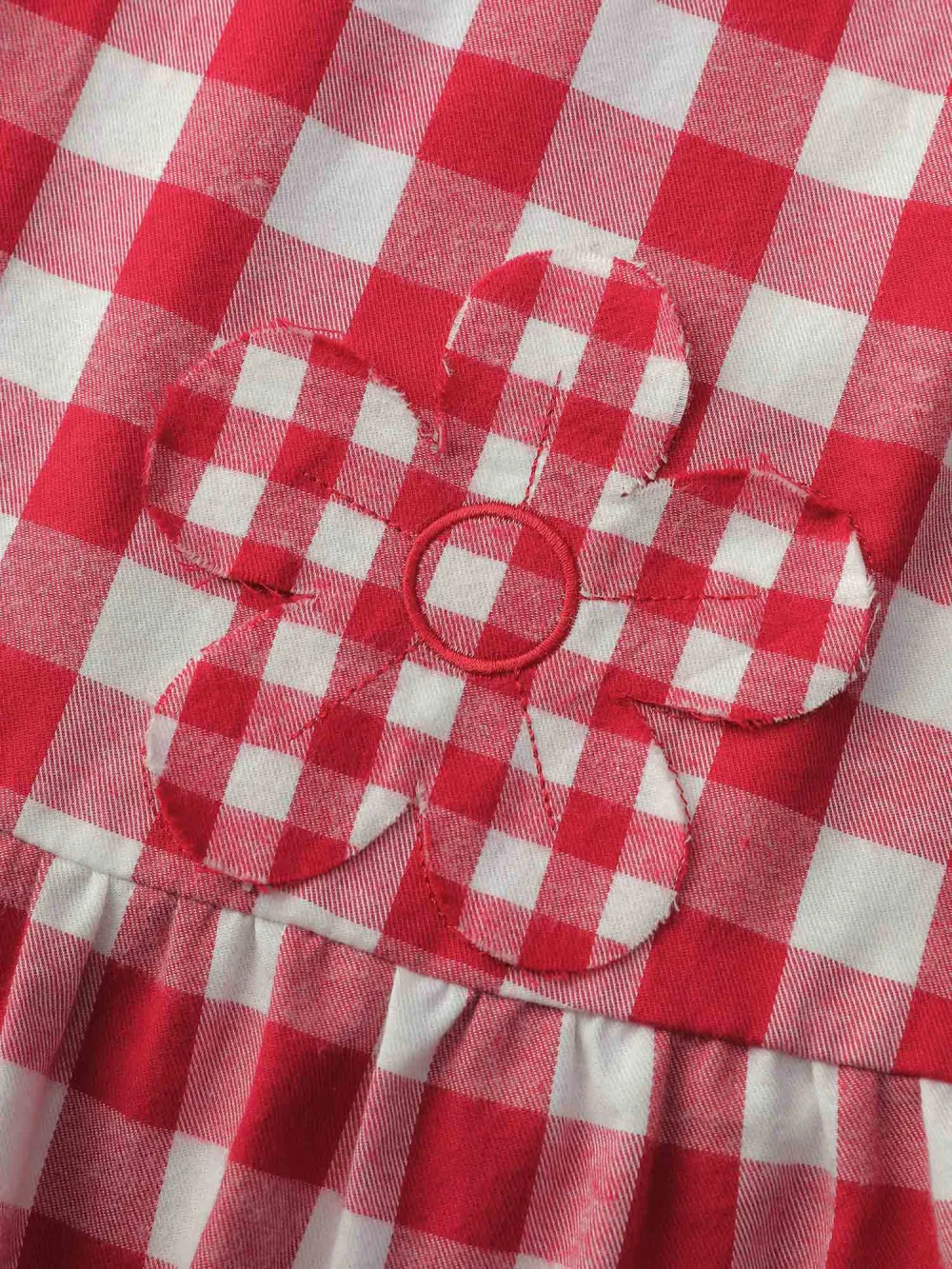 Cotton Gingham Embroidered Ruffled Hem Knee Dress